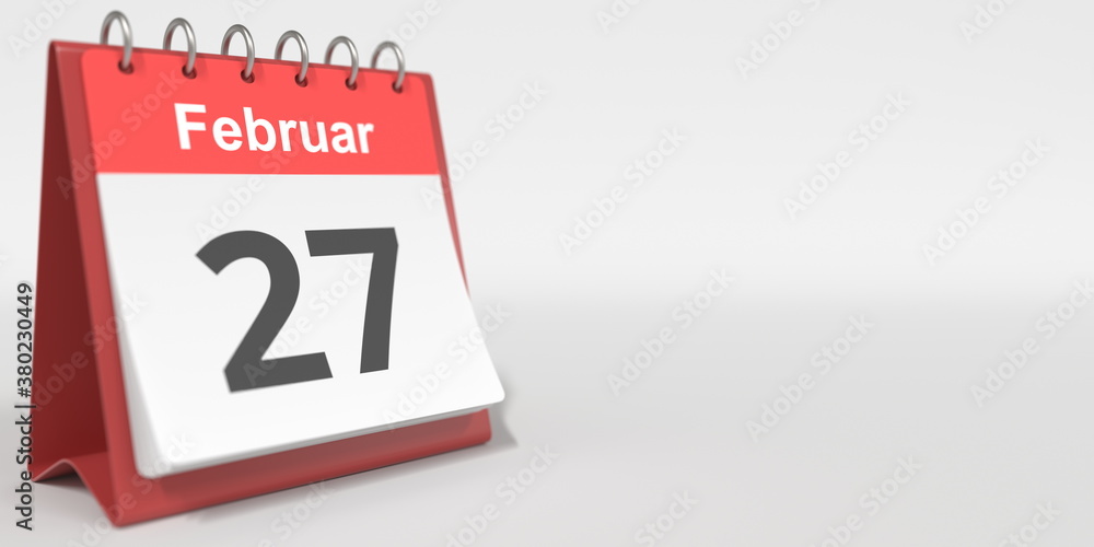February 27 date written in German on the flip calendar page. 3d rendering February 27 date written in German on the flip calendar page. 3d rendering