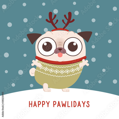 Cute and funny pug character for Christmas, wearing sweater and deer horn headband. Falling snow background. photo