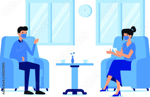 Masked HRD woman interviewing her new employee at office