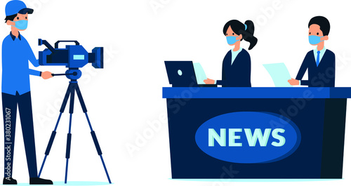 Masked reporters are reporting the news at the studio