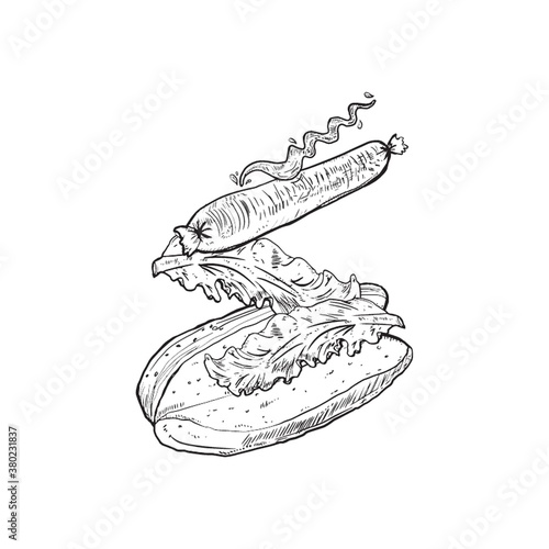Tossed hotdog black and white sketch vector illustration