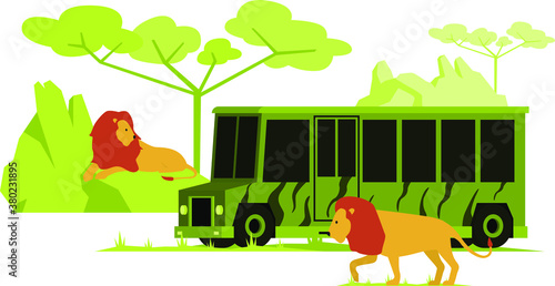 Illustration of safari bus moving around safari park side