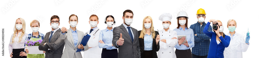 job, occupation and pandemic concept - people of different professions wearing face protective medical masks for protection from virus disease over white background