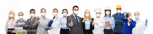 job, occupation and pandemic concept - people of different professions wearing face protective medical masks for protection from virus disease over white background
