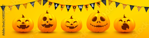 Happy Halloween poster and banner template with cute halloween pumpkin and buntings on yellow background. Website spooky,Background or banner Halloween template.Vector illustration EPS10