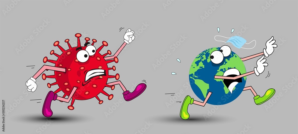Vector cartoon figure drawing conceptual illustration of corona virus  chasing running glob. COVID-19 virus with disinfection or disinfectant.  Stock Vector | Adobe Stock