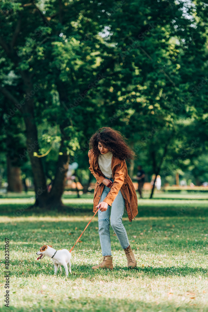 Selective focus of woman in raincoat walking on leash jack russell terrier on meadow in park Selective focus of woman in raincoat walking on leash jack russell terrier on meadow in park