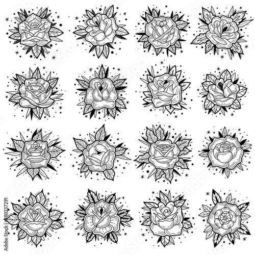 outline old school tattoo roses set