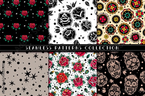 old school tattoo roses seamless patterns set