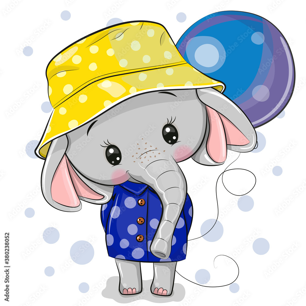 Obraz premium Cartoon elephant with hat and balloon