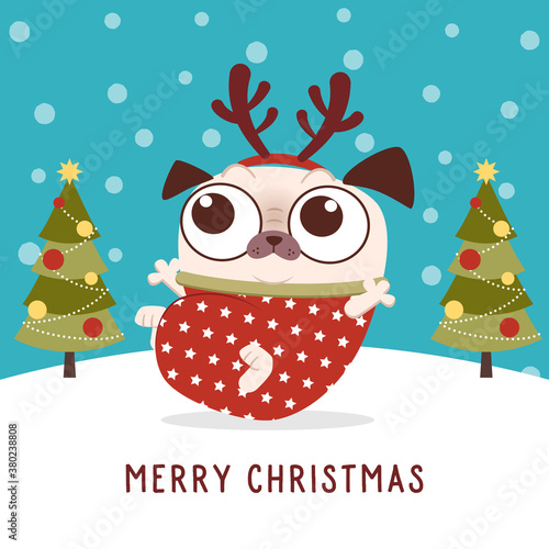 Cute and funny pug  Character for Christmas, playing on snowy ground, wearing red sweater and deer horn headband. Falling snow background with Christmas trees.