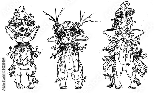 Set of cartoon characters, three fairytale creatures, cute forest mushrooms with big ears and eyes, chubby cheeks and short legs, with vegetation, leaves and branches, with plump belly and wings.