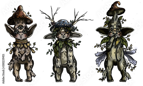 Set of cartoon characters, three fairytale creatures, cute forest mushrooms with big ears and eyes, chubby cheeks and short legs, with vegetation, leaves and branches, with plump belly and wings.