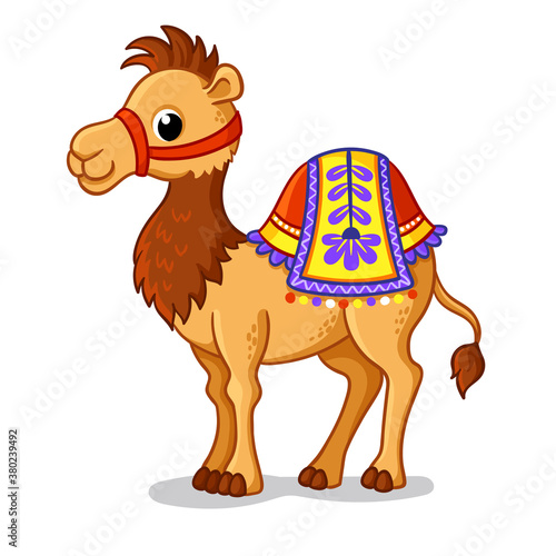 Cute camel stands in a cartoon style. Vector illustration with cute animals.