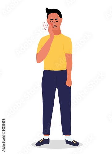 young man feels a strong toothache. Holding her cheek. Bad tooth, dental abscess. Cartoon vector illustration.