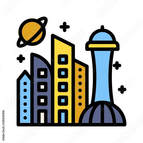 space or planet related space colonization or buildings with planet vector with editable stroke,