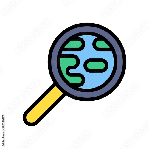 space or planet related earth or wrold globe in magnifying glass vector with editable stroke,