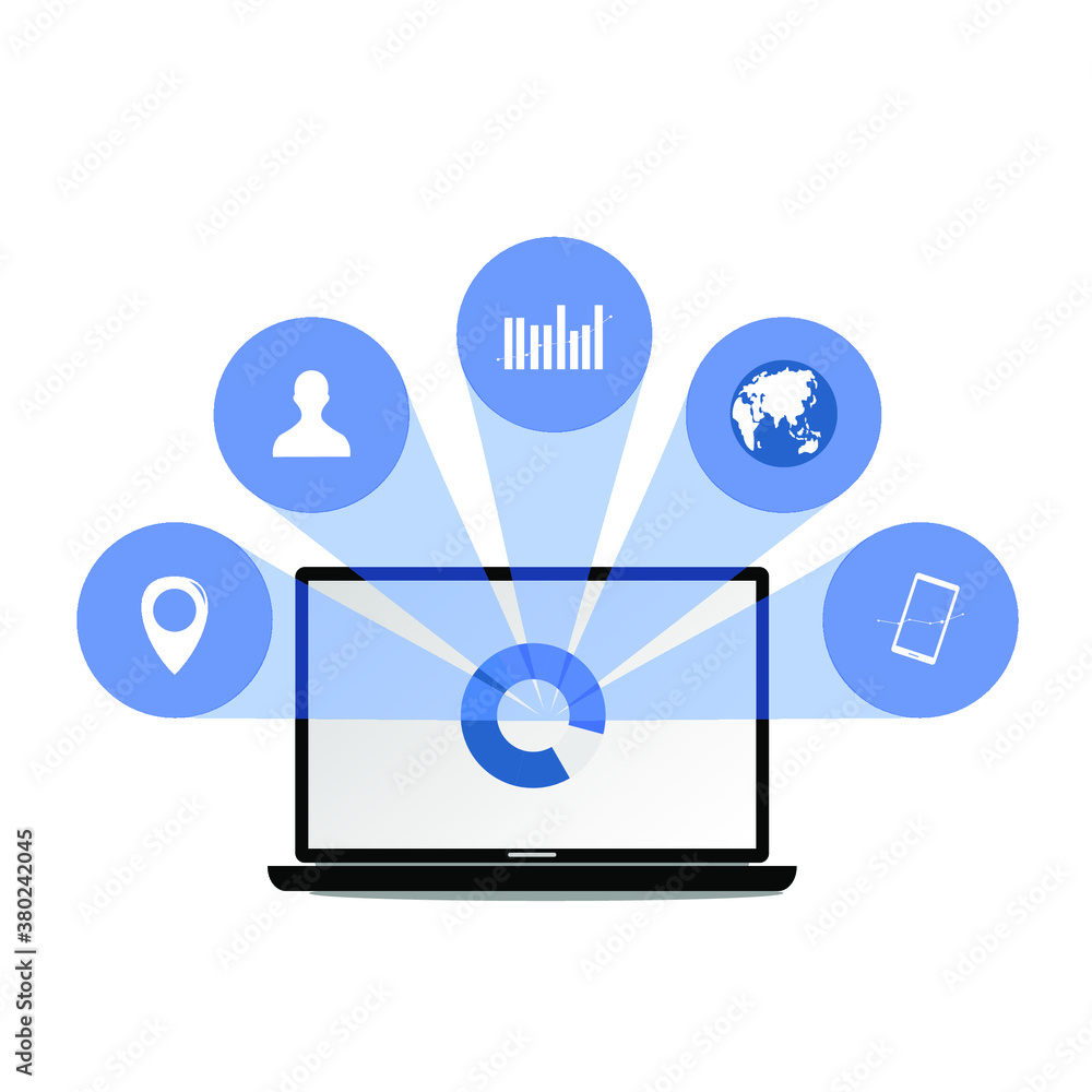 laptop and various icon inside circle, media, technology laptop and various icon inside circle, media, technology