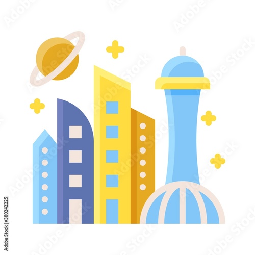 space or planet related space colonization or buildings with planet vector in flat style,