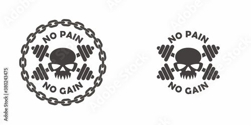 Set of black and white illustrations of skull, dumbbells, chain and text on a white background. Vector illustration on a sports theme. Illustration for labels and emblems. Fitness center logo. 