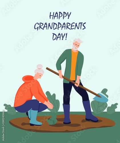 Happy Grandparents day greeting card. An elderly couple working in the garden. Cheerful grandmother and grandfather cartoon characters. Day of the elderly. Flat vector illustration.