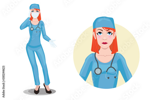 Redhead woman doctor in mask. Facial expression of a beautiful young female nurse. Emotion-fatigue.