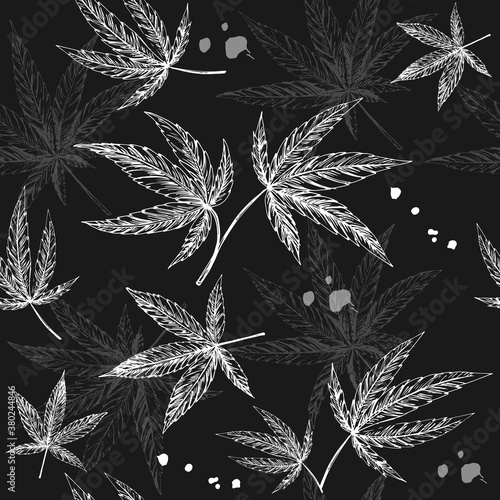 Hand drawn sketch illustration with leaves cannabis seamless pattern on a black background