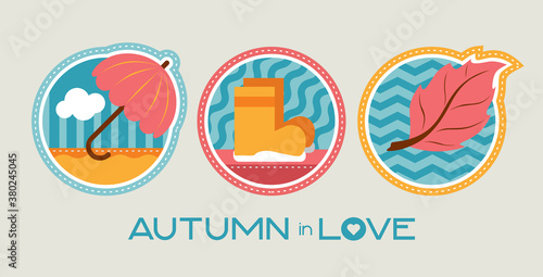 Stickers for autumn "Autumn in love". Stickers with umbrella, leaf, boots.