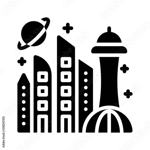 space or planet related space colonization or buildings with planet vector in solid design,