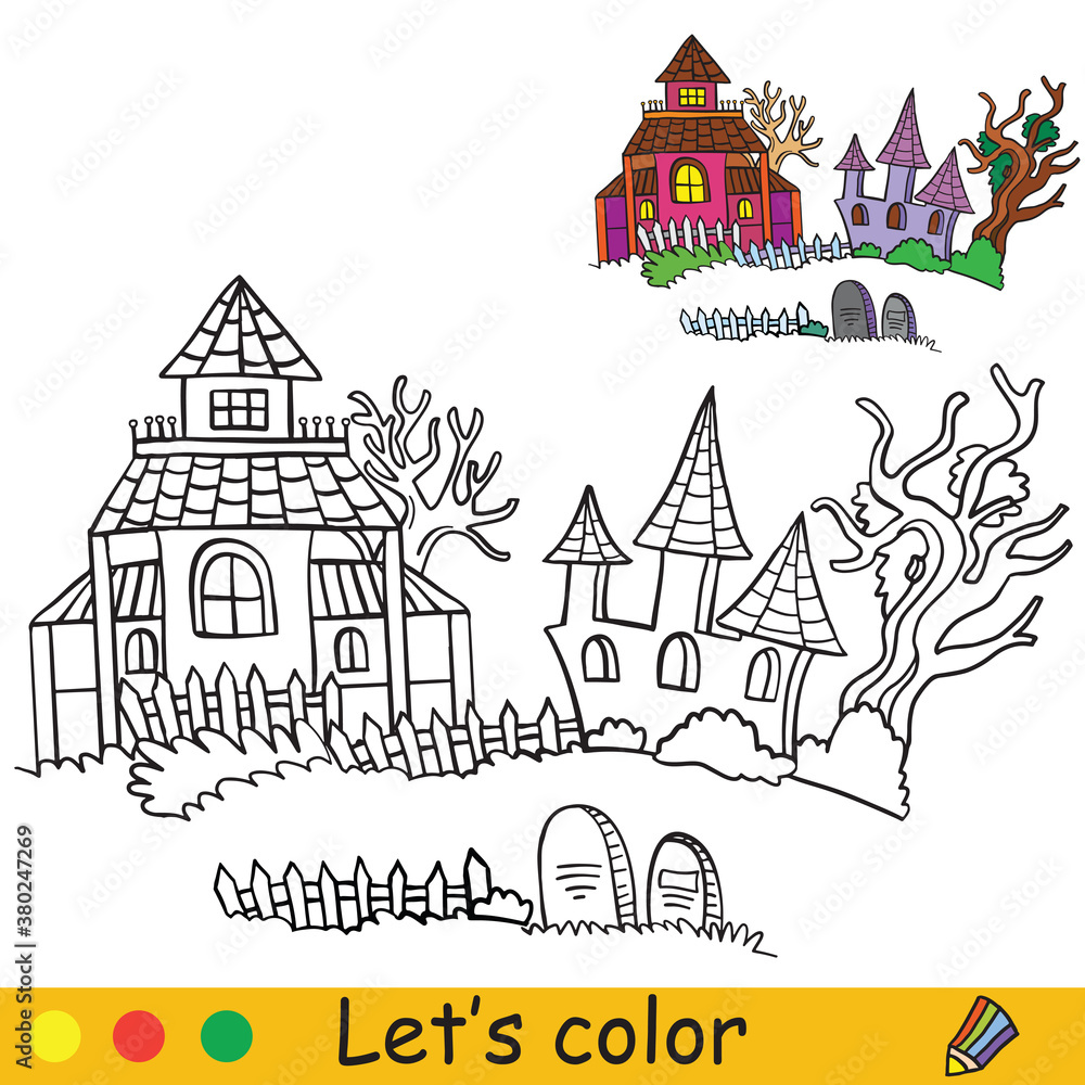 Halloween coloring with colored example haunted houses