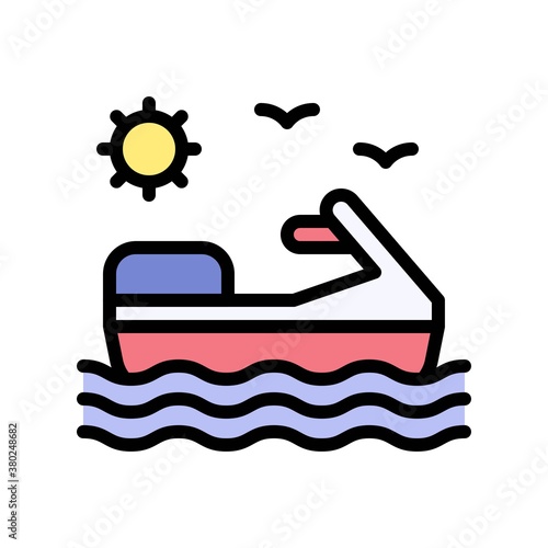 summer holiday related jetski on water with sun, birds and water waves vector with editable stroke,