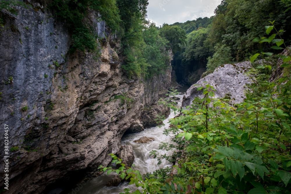 Rough river Belaya in Khadzhokhsky gorge, summer. Russia , the Republic of Adygea .