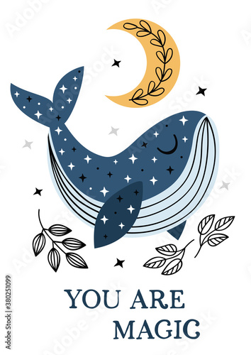 poster with celestial whale and moon
-  vector illustration, eps
