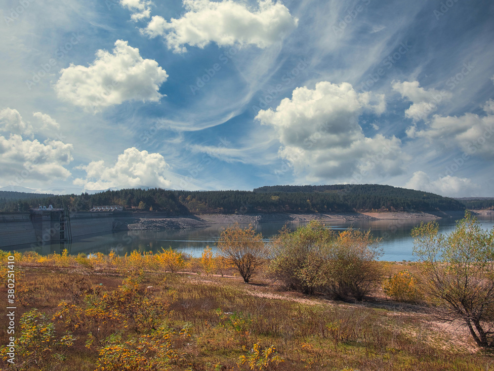 Koprinka Dam, Bulgaria in autumn.
Its water has decreased. You can see its bottom.