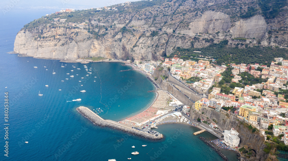 Aerial view of the small beach of Meta di Sorrento, located in the Gulf of Naples along the Sorrento coast, Italy. 