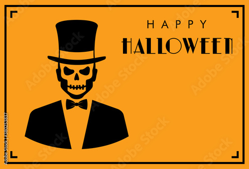 Feliz Halloween. Día de los muertos. Disfraz de zombi. Tarjeta de invitación con esqueleto con tux y chistera y tipografía en fondo naranja