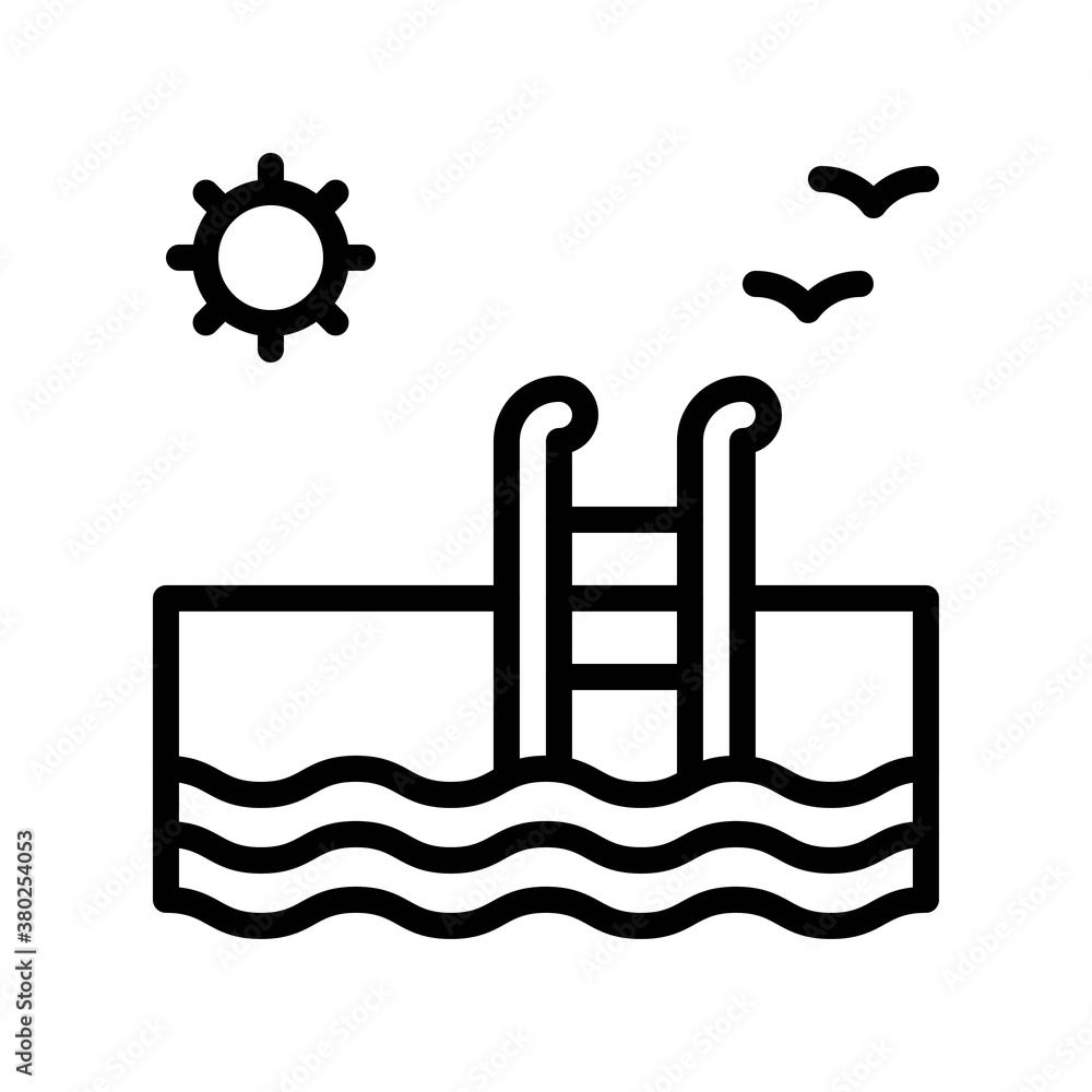 summer holiday related swimming pool and birds, sun, stairs with water waves vector in lineal style, summer holiday related swimming pool and birds, sun, stairs with water waves vector in lineal style,