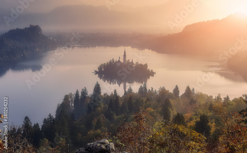 Fantastic Misty morning at the Bled lake. Slovenia