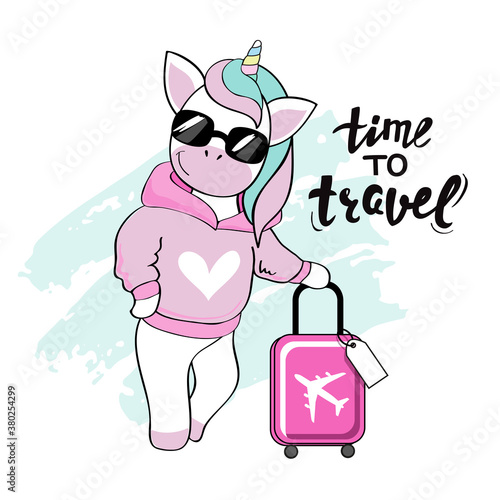 Funny unicorn with a suitcase and inscription time to travel on a white background. Travel concept, vacation concept. Vector illustration of funny animals isolated