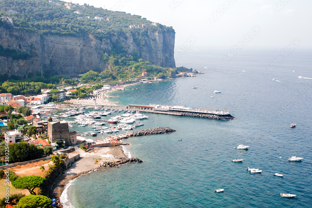Aerial view of the small tourist port and the beach of Meta di Sorrento, located in the Gulf of Naples along the Sorrento coast, Italy.
