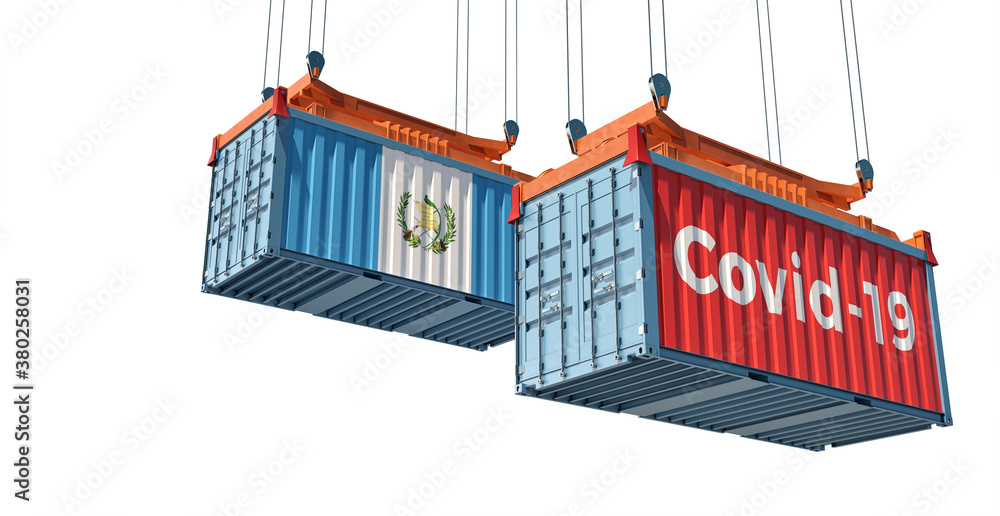 Container with Coronavirus Covid-19 text on the side and container with Guatemala Flag. 3D Rendering 