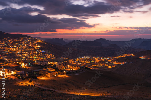 Cityscape of Petra or Wadi Musa city at night, Jordan, Arab
