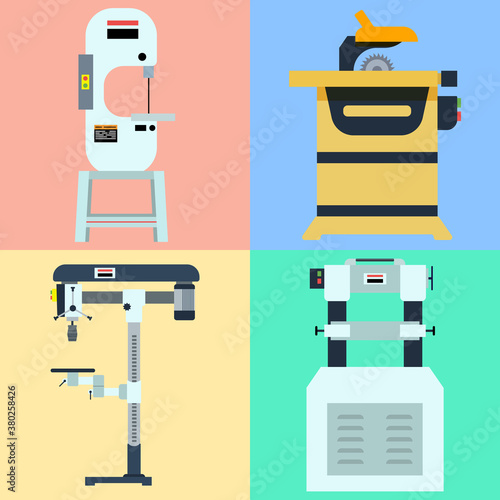 Vector flat machines tool. Woodworking. Drilling. Circular saw. Band saw blade. Vector illustration.