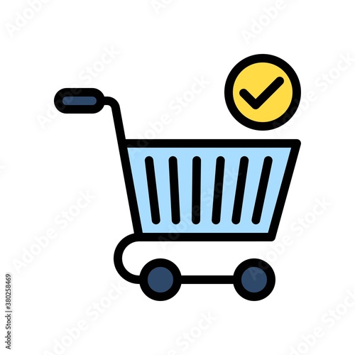 supper market or online shopping related shopping trolly with handle and tick mark vector with editable stroke,