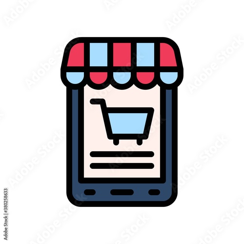 supper market or online shopping related mobile shop with shopping trolly vector with editable stroke,