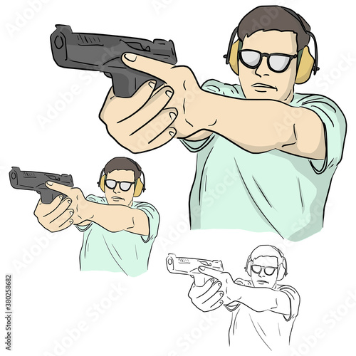 half length of male shooter holding gun and training tactical shooting with safety vector illustration sketch doodle hand drawn with black lines isolated on white background