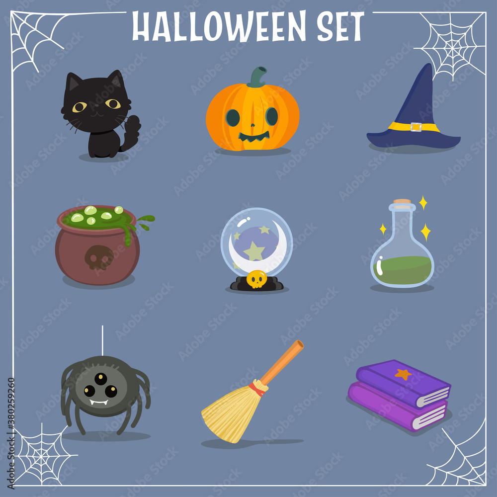 Halloween illustration set, in witch theme with spider web frame. Halloween illustration set, in witch theme with spider web frame.
