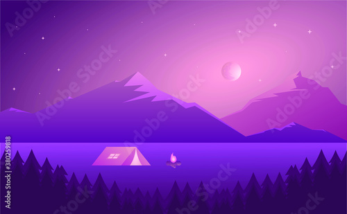 Camping area landscape with tent  bonfire and mountains