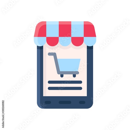supper market or online shopping related mobile shop with shopping trolly vector in flat style,