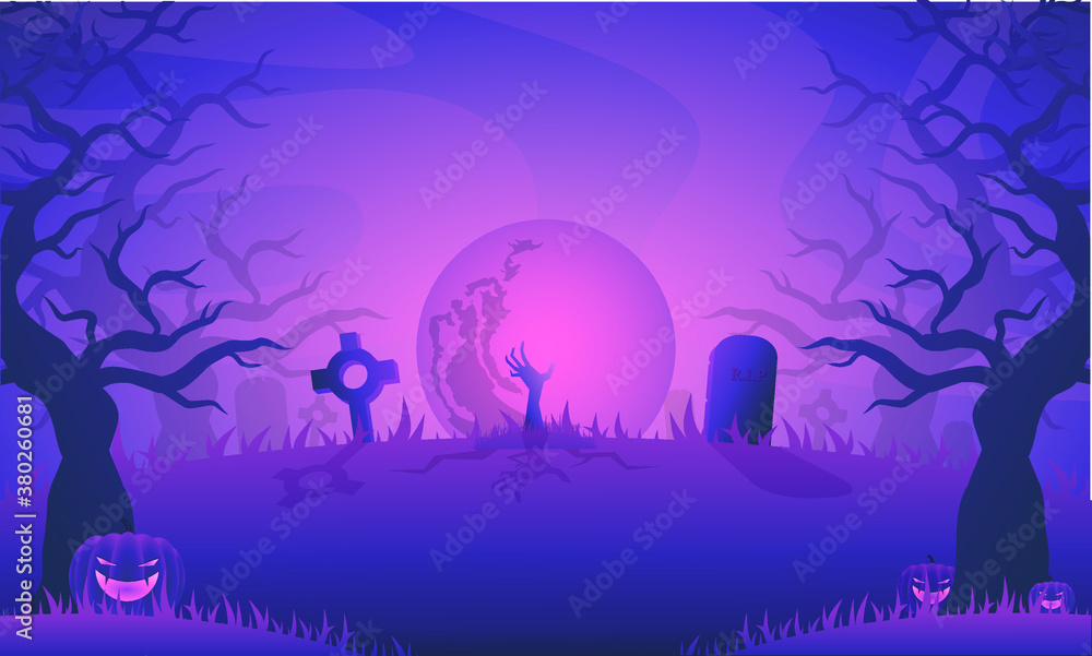 Halloween night illustration with tombstone
